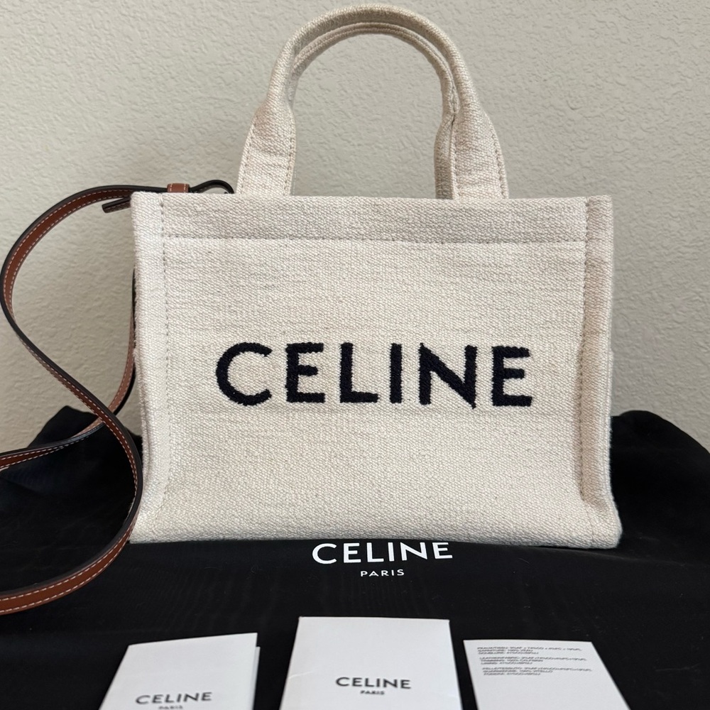 NEW CELINE Cabas Thais Canvas & Calfskin Leather Tote - Picture 1 of 7